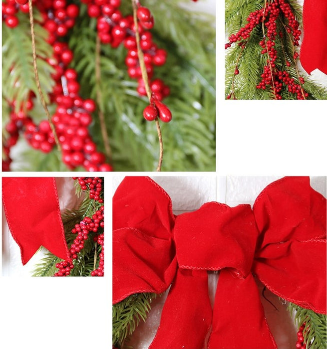 Bulk 17.7" Christmas Pine Needle Wreath with Red Berry Red Bow Wreath Artificial Ornament for Front Door Wall Hanging Home Decoration Wholesale