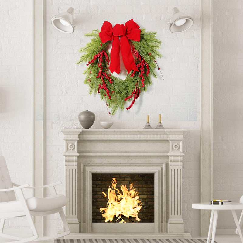 Bulk 17.7" Christmas Pine Needle Wreath with Red Berry Red Bow Wreath Artificial Ornament for Front Door Wall Hanging Home Decoration Wholesale