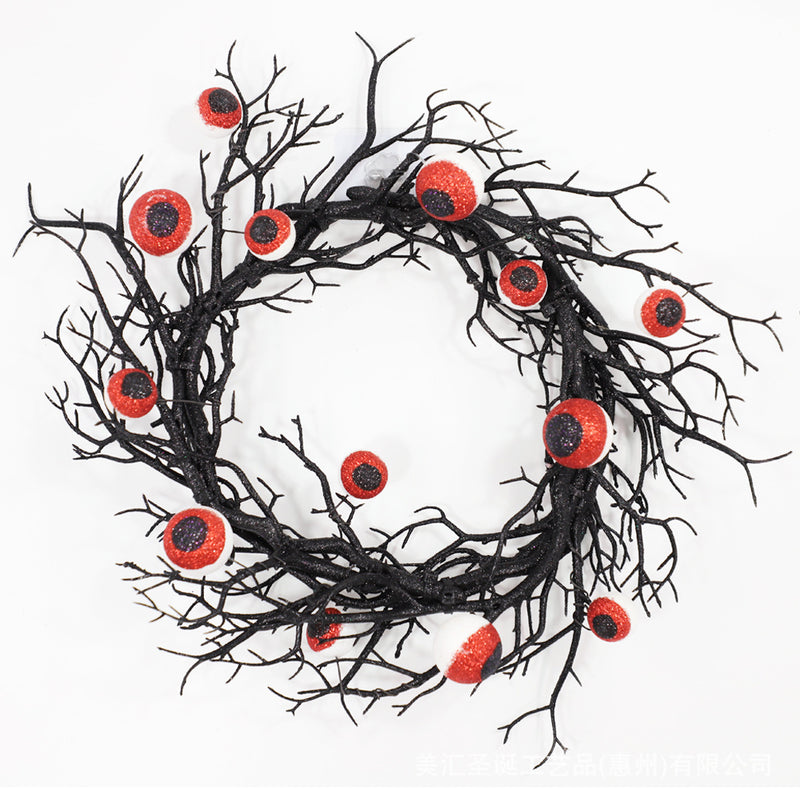 Bulk 17" Artificial Spooky Eyeball Wreath Black Tree Branch Glowing Wreath for Halloween Festival Party Front Door Decor Wholesale