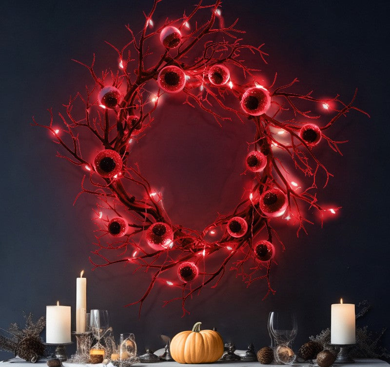 Bulk 17" Artificial Spooky Eyeball Wreath Black Tree Branch Glowing Wreath for Halloween Festival Party Front Door Decor Wholesale