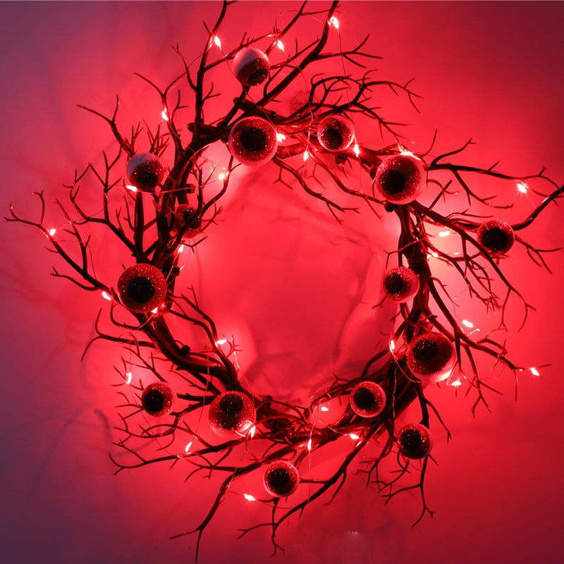 Bulk 17" Artificial Spooky Eyeball Wreath Black Tree Branch Glowing Wreath for Halloween Festival Party Front Door Decor Wholesale