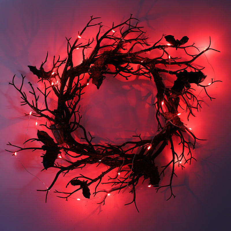 Bulk 17" Black Bat Tree Branch Manzanita Wreath for Front Door Artificial Plant Twigs Wreath Glowing Halloween Decoration Wholesale