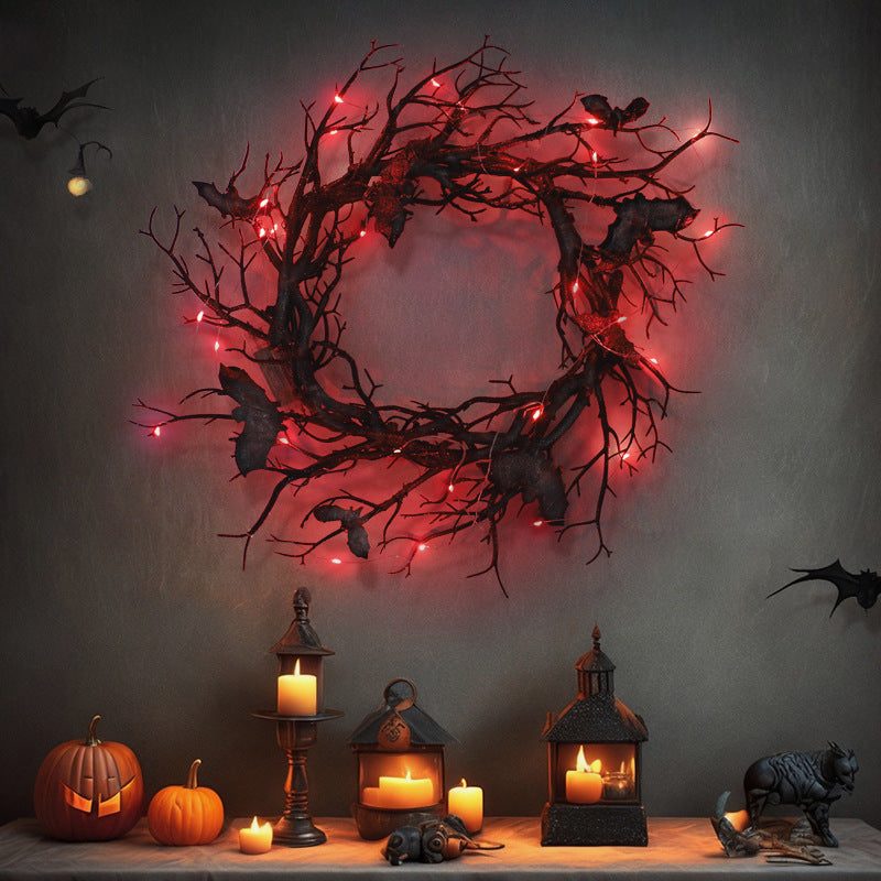 Bulk 17" Black Bat Tree Branch Manzanita Wreath for Front Door Artificial Plant Twigs Wreath Glowing Halloween Decoration Wholesale