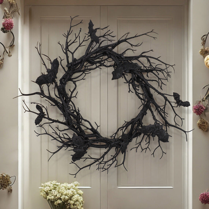 Bulk 17" Black Bat Tree Branch Manzanita Wreath for Front Door Artificial Plant Twigs Wreath Glowing Halloween Decoration Wholesale