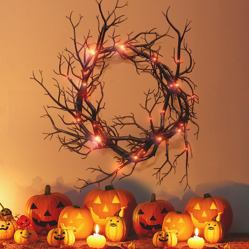 Bulk 17" Black Tree Branch Glowing Wreath for Front Door Artificial Plant Twigs Wreath Halloween Party Decoration Wholesale