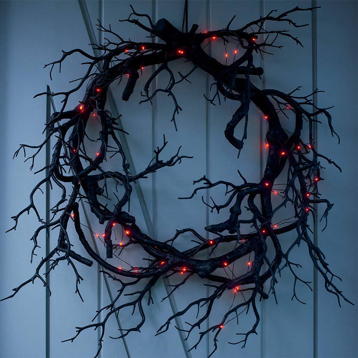 Bulk 17" Black Tree Branch Glowing Wreath for Front Door Artificial Plant Twigs Wreath Halloween Party Decoration Wholesale