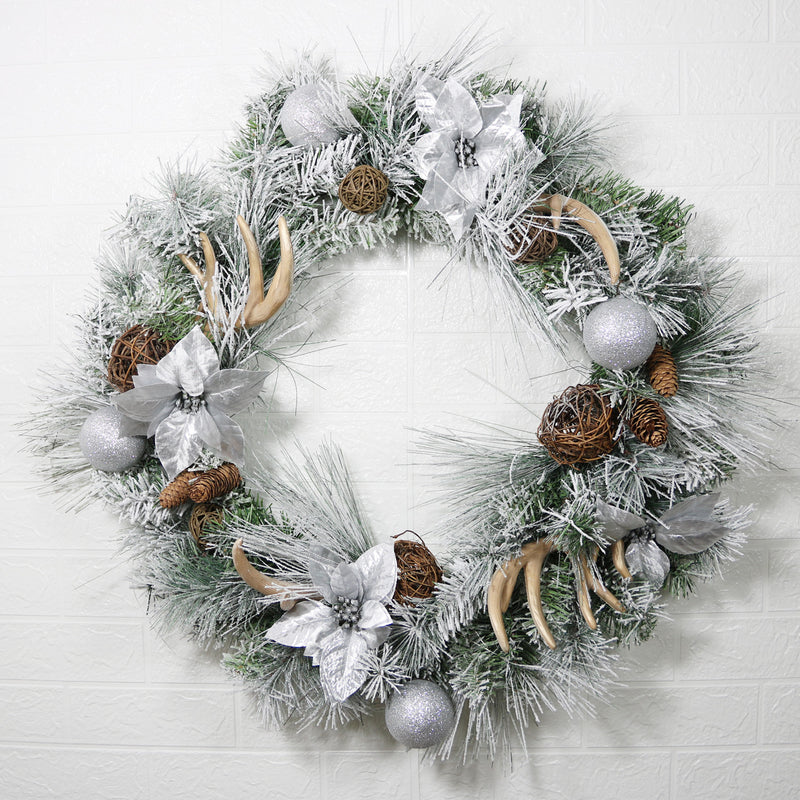 Bulk 29" Pine Needle Christmas Wreath with Antler Rattan Ball Ornament for Front Door Wholesale