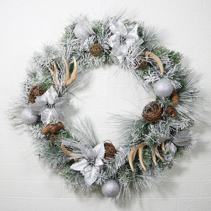 Bulk 29" Pine Needle Christmas Wreath with Antler Rattan Ball Ornament for Front Door Wall Hanging Home Decoration Wholesale