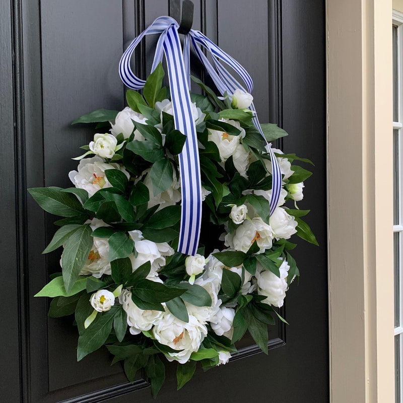 Bulk Artificial Blooming Peony Wreaths White Silk Flower Spring Wreaths Ornament for Front Door Wall Hanging Home Decoration Wholesale