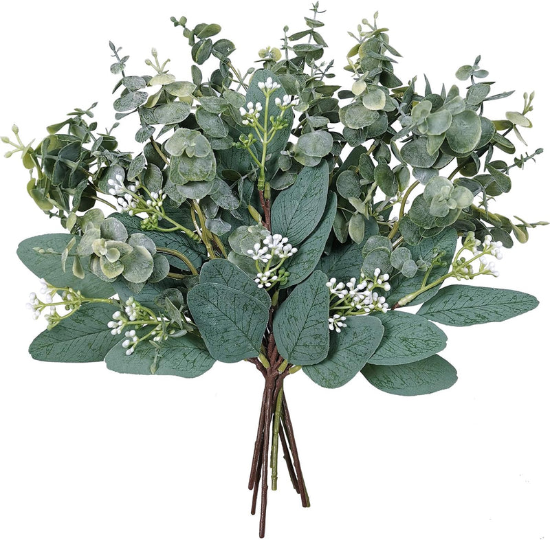 Bulk 20pcs Artificial Eucalyptus Stems - Faux Oval Leaves with White Seeds for Wreaths, Garlands & Bouquets
