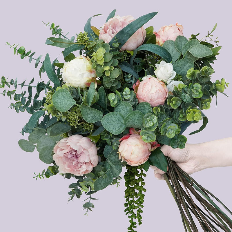 Bulk 20pcs Artificial Eucalyptus Stems - Faux Oval Leaves with White Seeds for Wreaths, Garlands & Bouquets