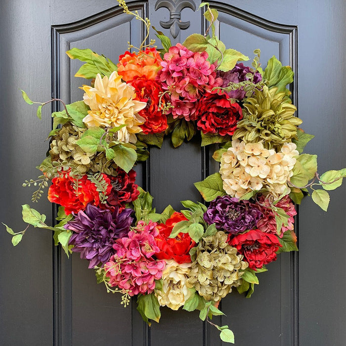Bulk Artificial Hydrangea Peony Dahlia Wreaths Faux Silk Flower Wreaths Ornament for Front Door Wall Hanging Home Decoration Wholesale
