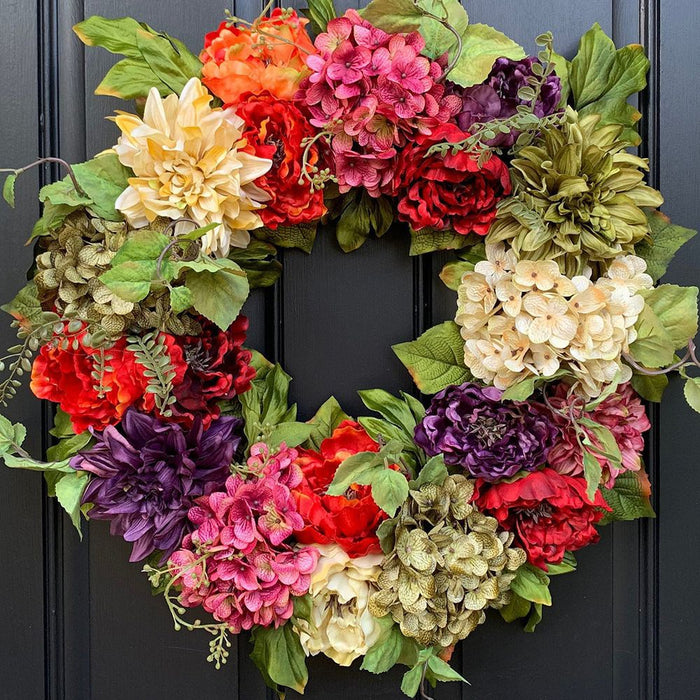 Bulk Artificial Hydrangea Peony Dahlia Wreaths Faux Silk Flower Wreaths Ornament for Front Door Wall Hanging Home Decoration Wholesale