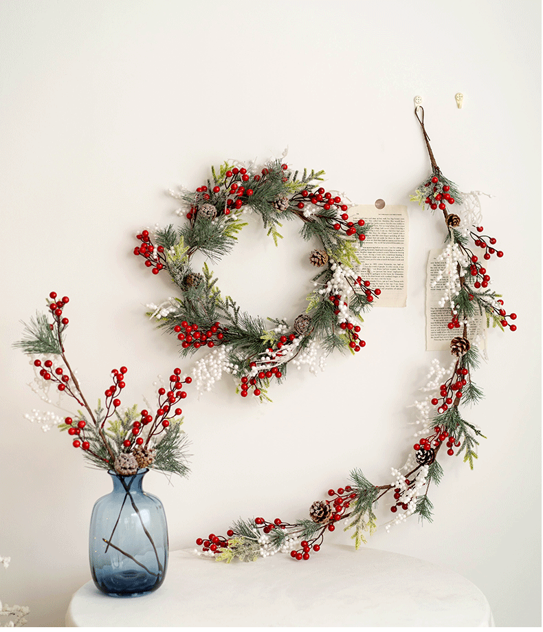 Couronne de pommes de pin artificielles en vrac, houx et baies de Noël, guirlandes en forme de larme pour arrangement floral de Noël, vente en gros