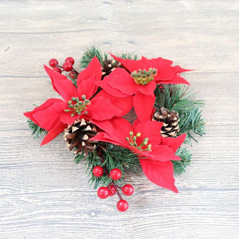 Bulk Artificial Poinsettia Tabletop Candlestick Wreath with Berries Pine Cone Candle Holder Rings Christmas Centerpiece Wholesale