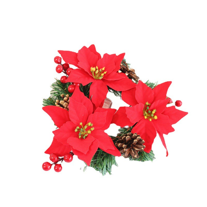 Bulk Artificial Poinsettia Tabletop Candlestick Wreath with Berries Pine Cone Candle Holder Rings Christmas Centerpiece Wholesale