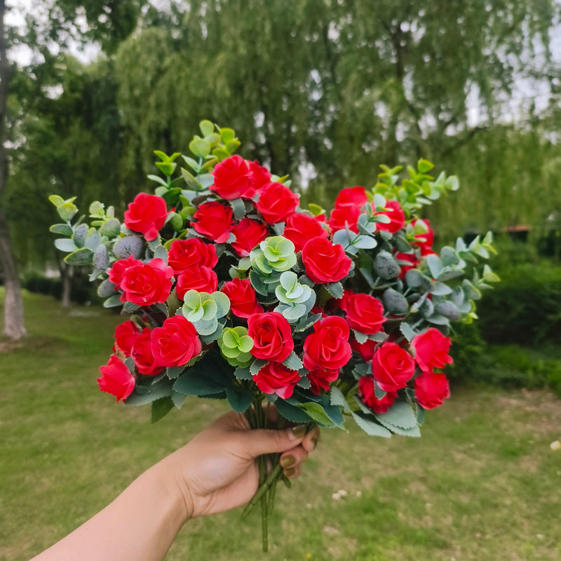 Bulk 12" 8Pcs Artificial Flowers Rose Bush for Outdoors Rose with Boxwood Leaves Plants Shrubs Wholesale