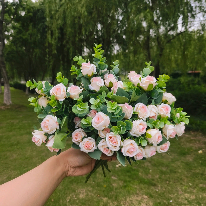 Bulk 12" 8Pcs Artificial Flowers Rose Bush for Outdoors Rose with Boxwood Leaves Plants Shrubs Wholesale