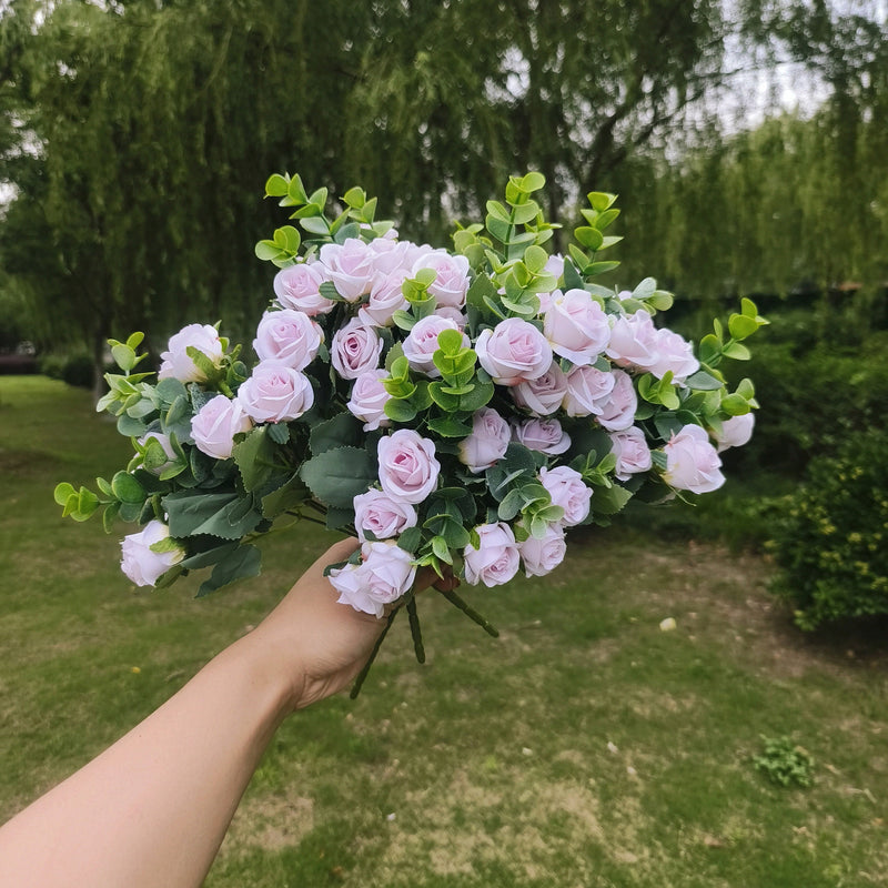 Bulk 12" 8Pcs Artificial Flowers Rose Bush for Outdoors Rose with Boxwood Leaves Plants Shrubs Wholesale