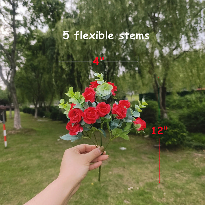 Bulk 12" 8Pcs Artificial Flowers Rose Bush for Outdoors Rose with Boxwood Leaves Plants Shrubs Wholesale