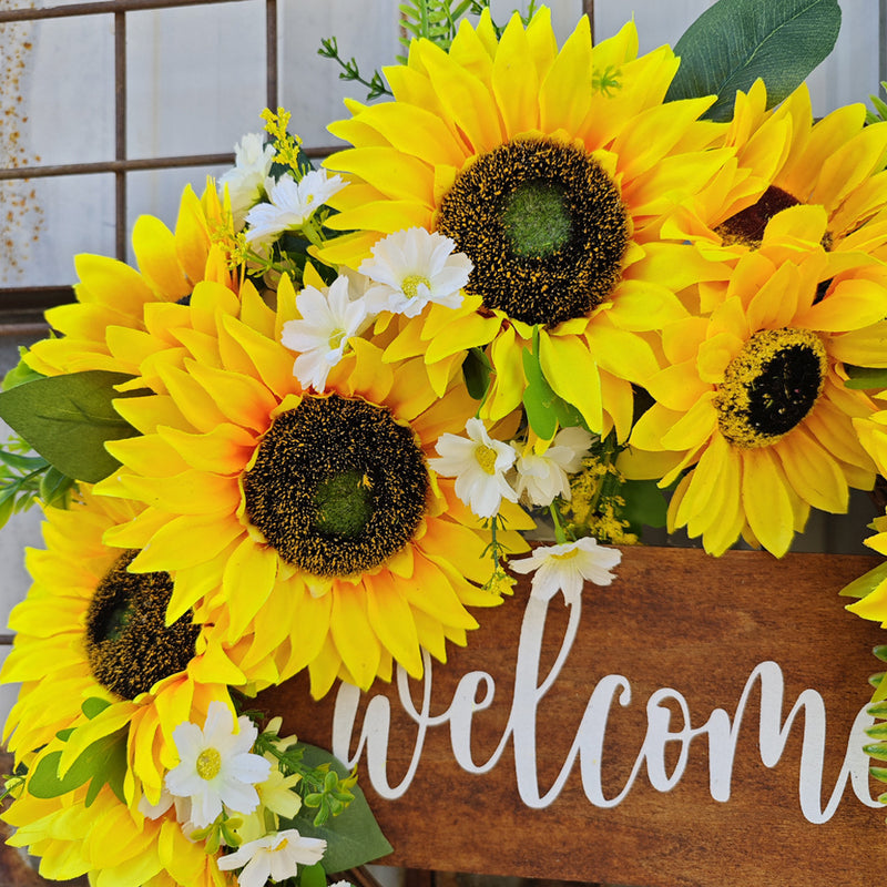 Bulk Sunflower Wreaths with Welcome Sign Artificial Flower Spring Wreaths Ornament for Front Door Farmhouse Home Decoration Wholesale
