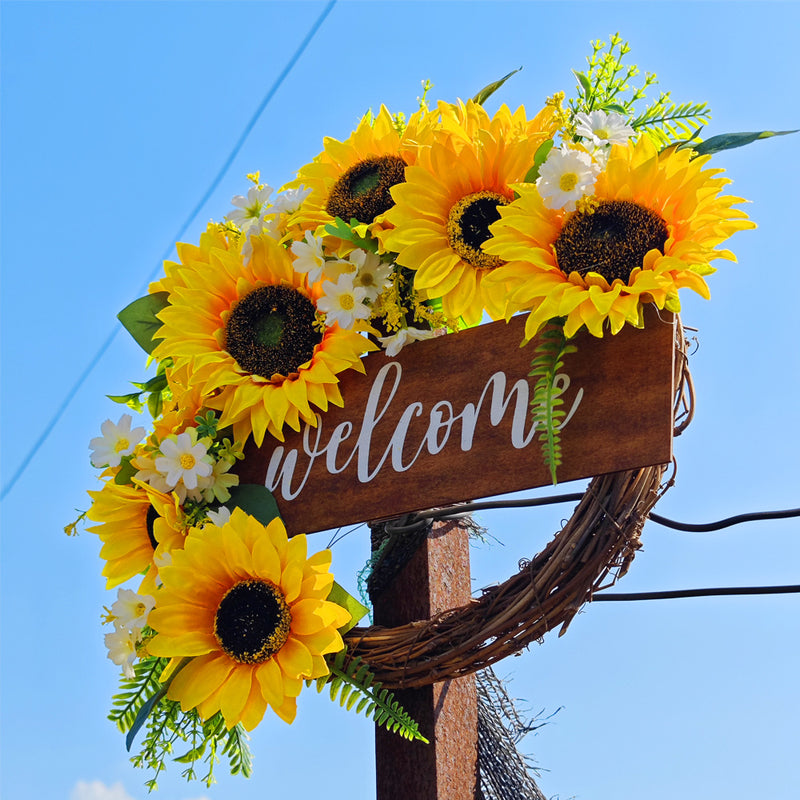 Bulk Sunflower Wreaths with Welcome Sign Artificial Flower Spring Wreaths Ornament for Front Door Farmhouse Home Decoration Wholesale