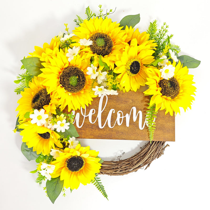 Bulk Sunflower Wreaths with Welcome Sign Artificial Flower Spring Wreaths Ornament for Front Door Farmhouse Home Decoration Wholesale