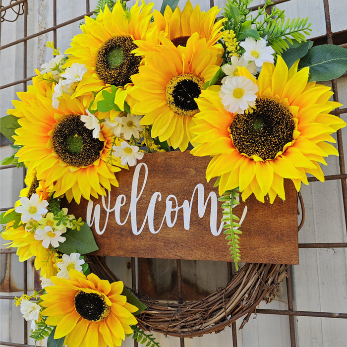 Bulk Sunflower Wreaths with Welcome Sign Artificial Flower Spring Wreaths Ornament for Front Door Farmhouse Home Decoration Wholesale