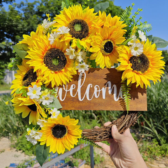 Bulk Sunflower Wreaths with Welcome Sign Artificial Flower Spring Wreaths Ornament for Front Door Farmhouse Home Decoration Wholesale