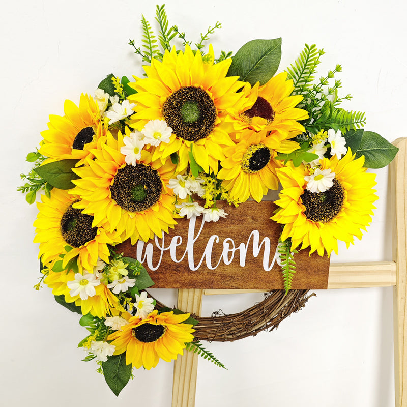 Bulk Sunflower Wreaths with Welcome Sign Artificial Flower Spring Wreaths Ornament for Front Door Farmhouse Home Decoration Wholesale