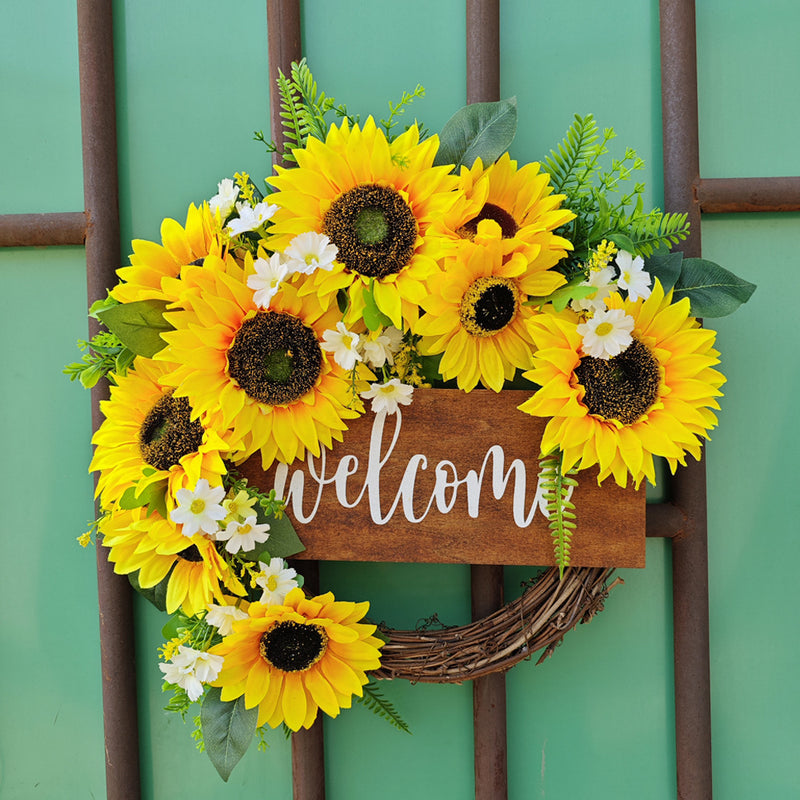Bulk Sunflower Wreaths with Welcome Sign Artificial Flower Spring Wreaths Ornament for Front Door Farmhouse Home Decoration Wholesale