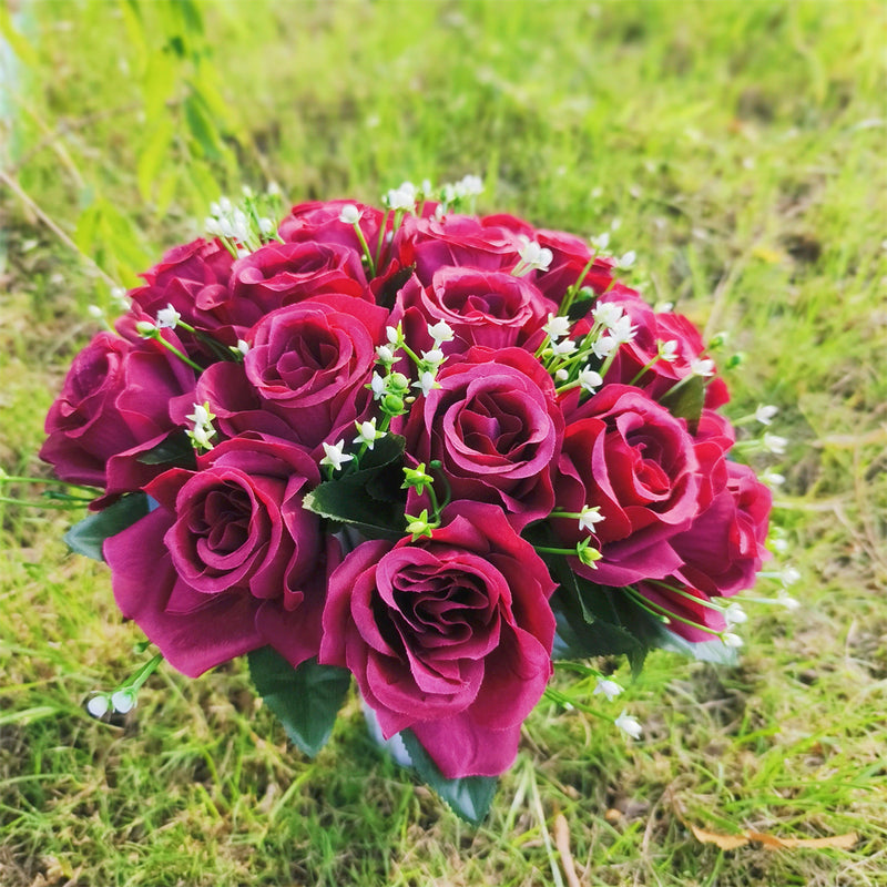 Bulk Exclusive 22 Colors Cemetery Flowers Roses Bush Bouquets in Vase Artificial Flowers for Graves and Memorials Arrangements Wholesale