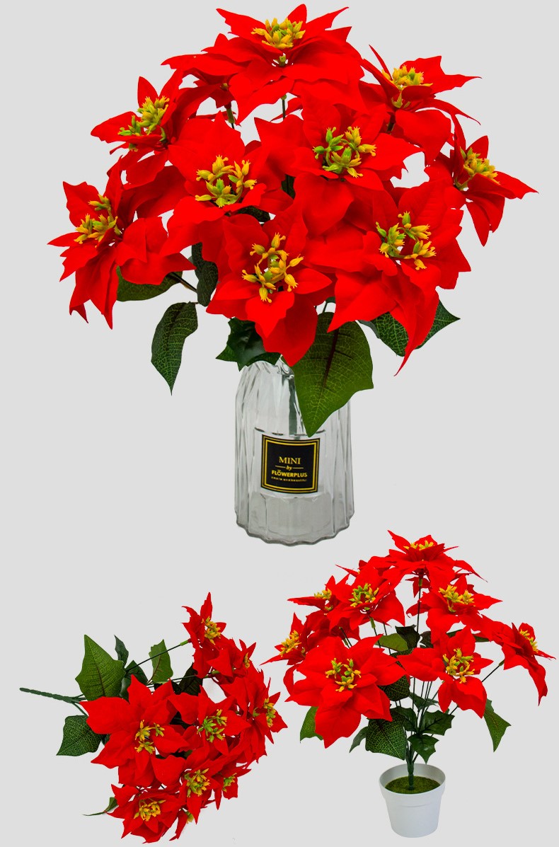Bulk Christmas 12 Stems Poinsettia Bush Silk Floral with Detachable Flower Heads Wholesale