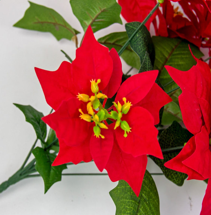 Bulk Christmas 12 Stems Poinsettia Bush Silk Floral with Detachable Flower Heads Wholesale