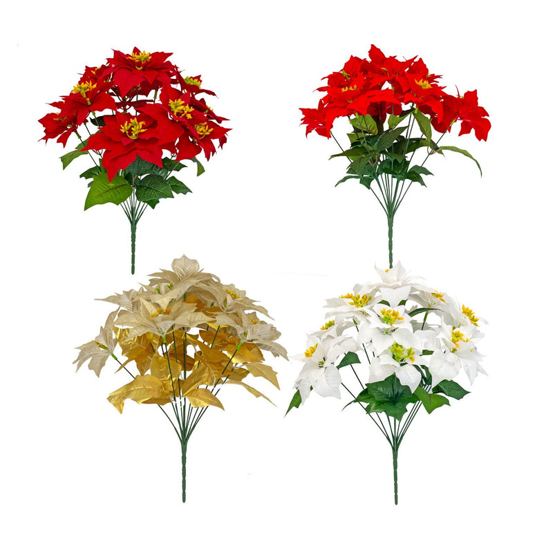 Bulk Christmas 12 Stems Poinsettia Bush Silk Floral with Detachable Flower Heads Wholesale