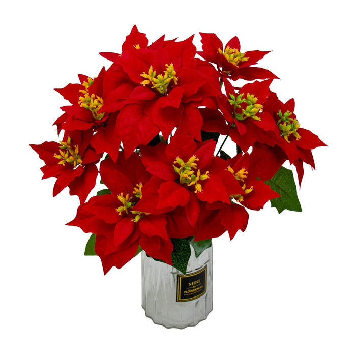Bulk Christmas 12 Stems Poinsettia Bush Silk Floral with Detachable Flower Heads Wholesale