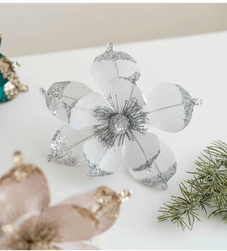 Tiges de magnolia à paillettes de Noël en vrac Fleurs artificielles pour mariage Arbre de Noël Ornements du Nouvel An Vente en gros