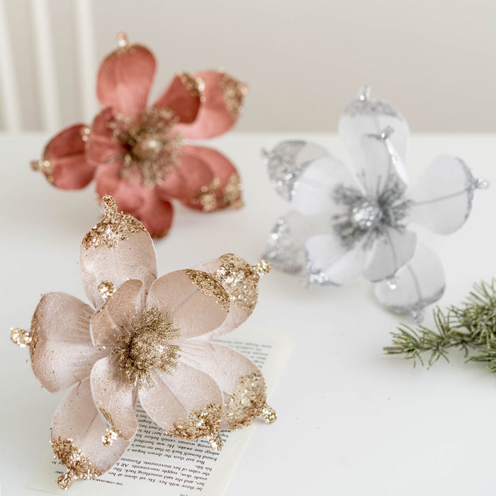 Bulk Christmas Glitter Magnolia Picks Stems Artificial Flowers for Wedding Christmas Tree New Year Ornaments Wholesale