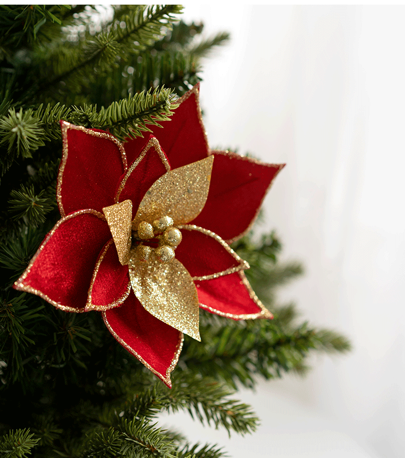 Bulk Christmas Glitter Golden Poinsettia Flowers Picks for Christmas Tree New Year Ornaments Wholesale