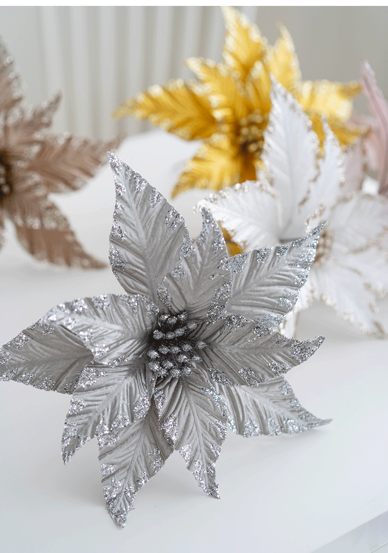 Bulk Christmas Glitter Poinsettia Flowers Picks 9.8" Sequin Artificial Flowers Wedding Christmas Tree New Year Ornaments Wholesale