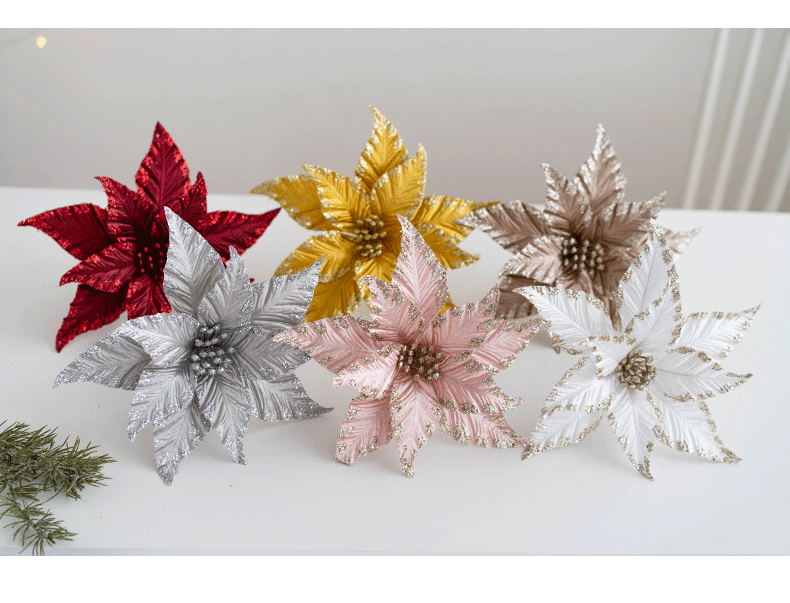 Bulk Christmas Glitter Poinsettia Flowers Picks 9.8" Sequin Artificial Flowers Wedding Christmas Tree New Year Ornaments Wholesale