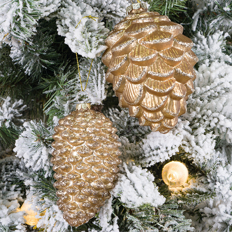 Bulk Christmas Ornaments Glitter Golden Pine Cones with Chain Xmas Glass Pendant Decorations Wholesale
