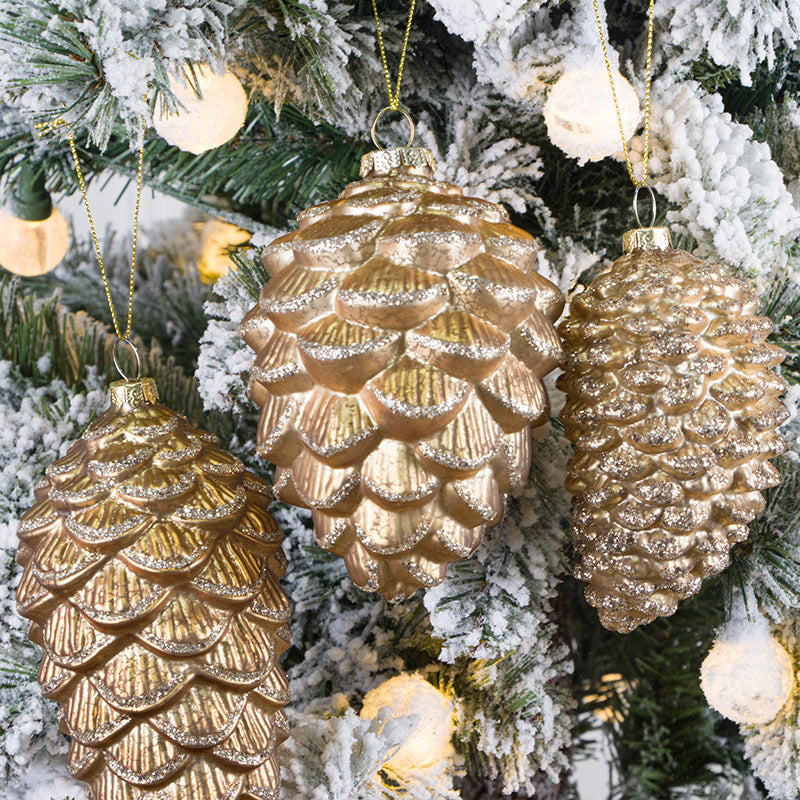 Bulk Christmas Ornaments Glitter Golden Pine Cones with Chain Xmas Glass Pendant Decorations Wholesale