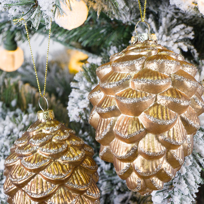 Bulk Christmas Ornaments Glitter Golden Pine Cones with Chain Xmas Glass Pendant Decorations Wholesale