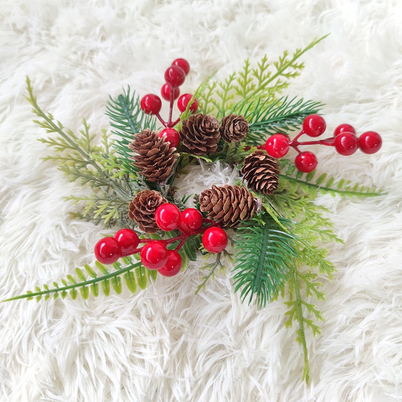 Bulk Christmas Tabletop Candlestick Wreath Artificial Pine Cone Berry Candle Holder Rings Mini Christmas Centerpiece 10 Inch Wholesale