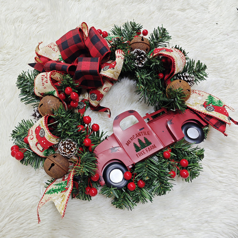Bulk Christmas Truck Wreaths with Red Berry Pinecones Artificial Wreaths Ornament for Front Door Wall Hanging Home Decoration Wholesale