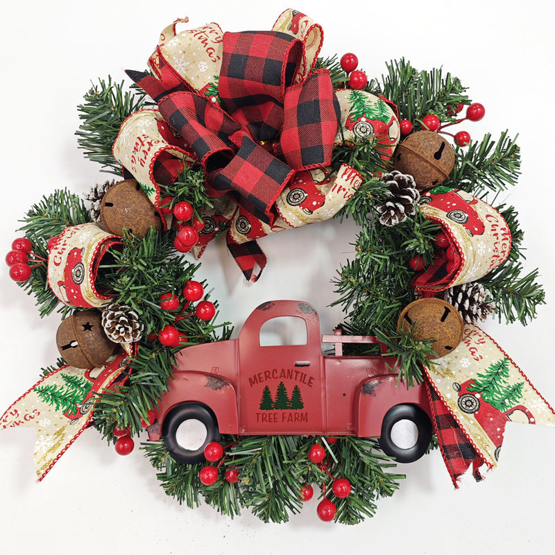 Bulk Christmas Truck Wreaths with Red Berry Pinecones Artificial Wreaths Ornament for Front Door Wall Hanging Home Decoration Wholesale