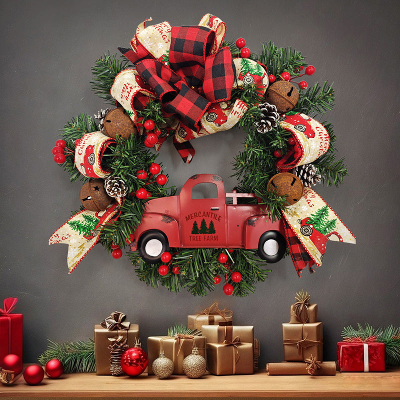 Bulk Christmas Truck Wreaths with Red Berry Pinecones Artificial Wreaths Ornament for Front Door Wall Hanging Home Decoration Wholesale