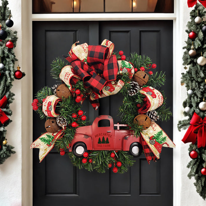Bulk Christmas Truck Wreaths with Red Berry Pinecones Artificial Wreaths Ornament for Front Door Wall Hanging Home Decoration Wholesale