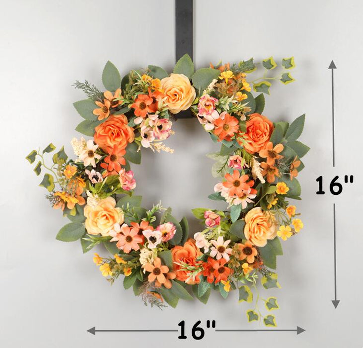 Bulk 16" Fall Floral Orange Wreath with Peony and Daisy Wholesale